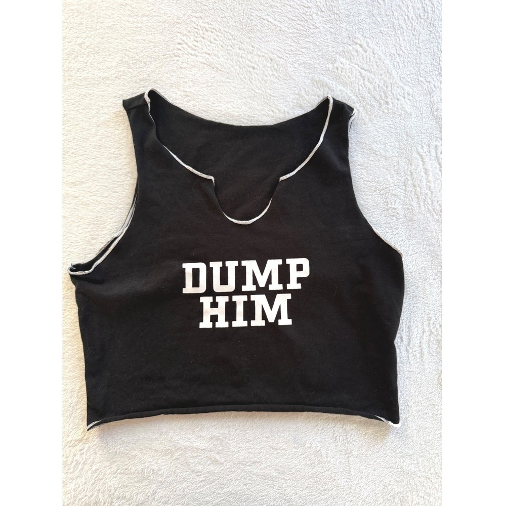 Dump Him Graphic Crop Top Womens Medium Black Sleeveless Notched Neck Tank
